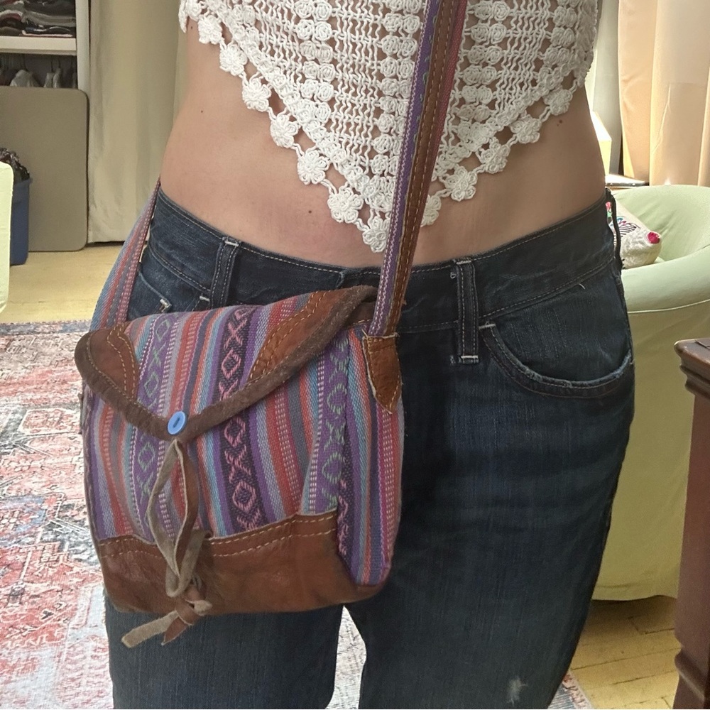Colourful Fabric Boho Southwestern Crossbody Mini Bag Pouch with Leather Trim.